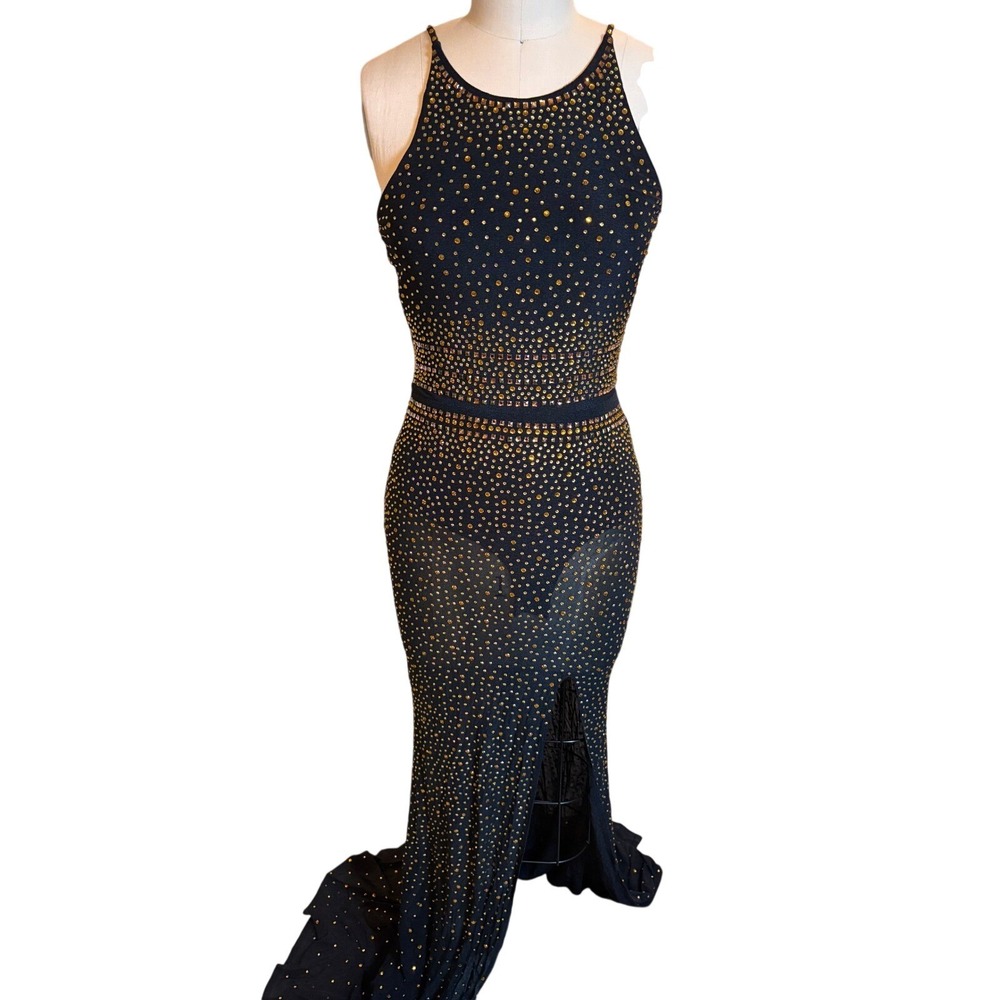 Rhinestone Studded Sheer Mesh Bodysuit Gown Dress‎ XS Black Gold